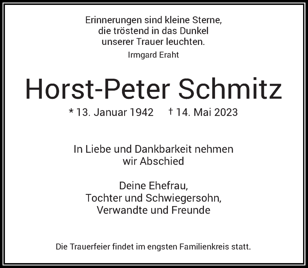  Traueranzeige für Horst-Peter Schmitz vom 27.05.2023 aus Rheinische Post
