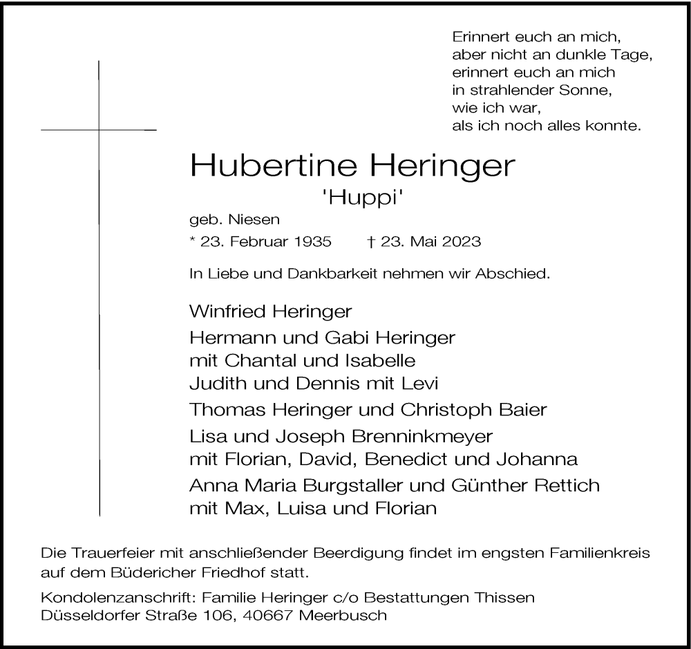  Traueranzeige für Hubertine Heringer vom 27.05.2023 aus Rheinische Post