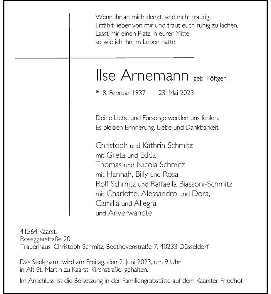  Traueranzeige für Ilse Arnemann vom 27.05.2023 aus Rheinische Post