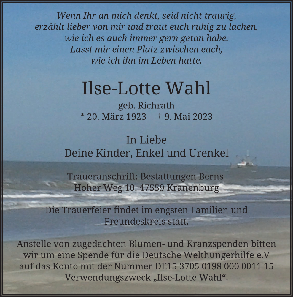  Traueranzeige für Ilse-Lotte Wahl vom 13.05.2023 aus Rheinische Post