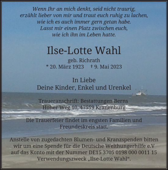 Traueranzeige von Ilse-Lotte Wahl von Rheinische Post