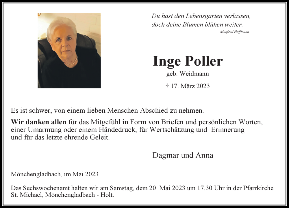  Traueranzeige für Inge Poller vom 13.05.2023 aus Rheinische Post