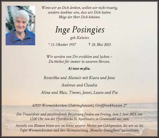 Traueranzeige von Inge Posingies von Rheinische Post