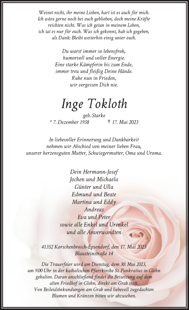  Traueranzeige für Inge Tokloth vom 24.05.2023 aus Rheinische Post