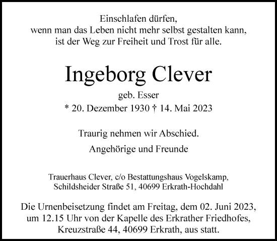 Traueranzeige von Ingeborg Clever von Rheinische Post