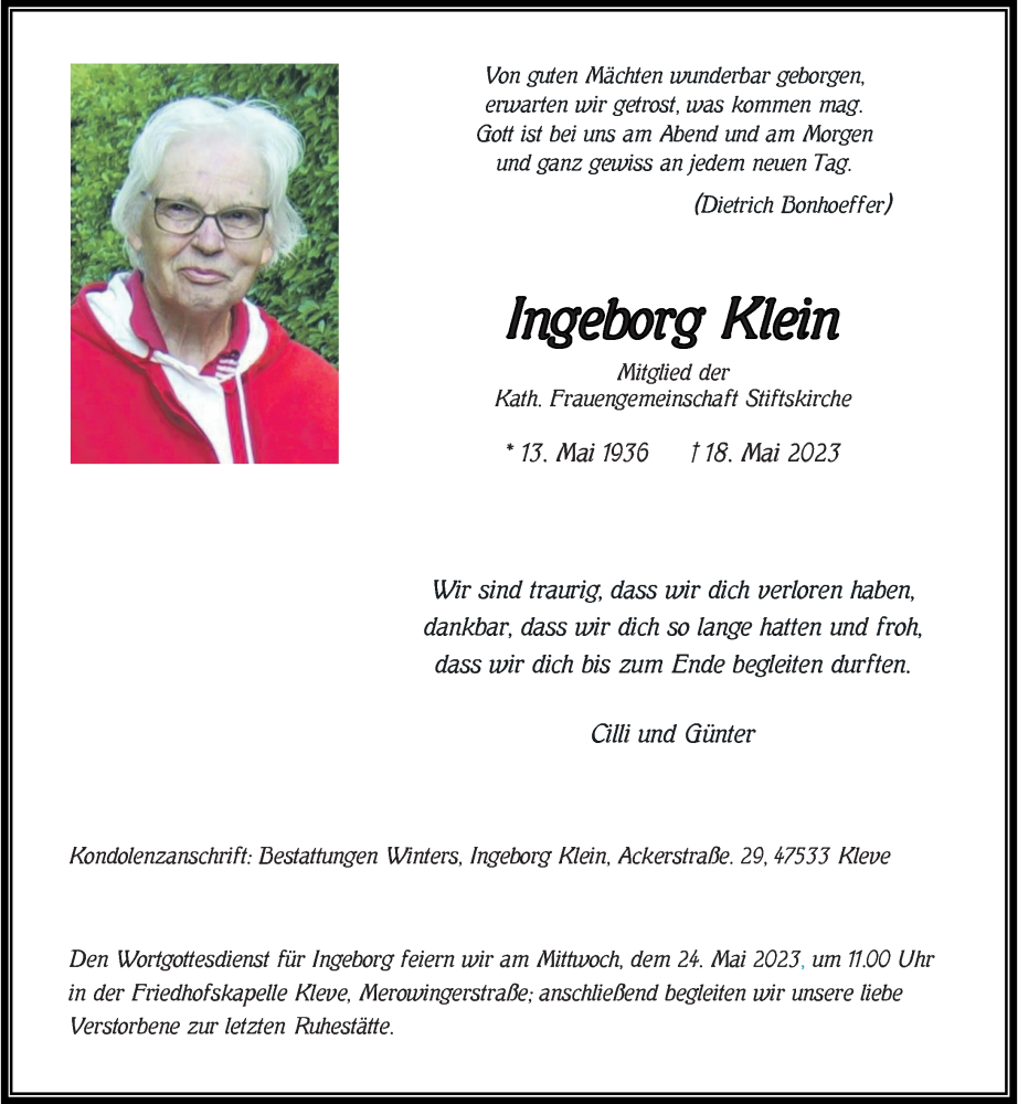  Traueranzeige für Ingeborg Klein vom 23.05.2023 aus Rheinische Post