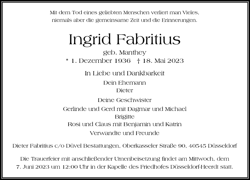  Traueranzeige für Ingrid Fabritius vom 27.05.2023 aus Rheinische Post