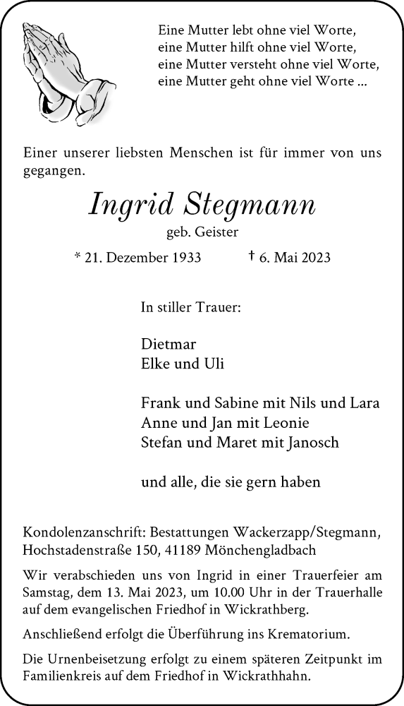  Traueranzeige für Ingrid Stegmann vom 10.05.2023 aus Rheinische Post