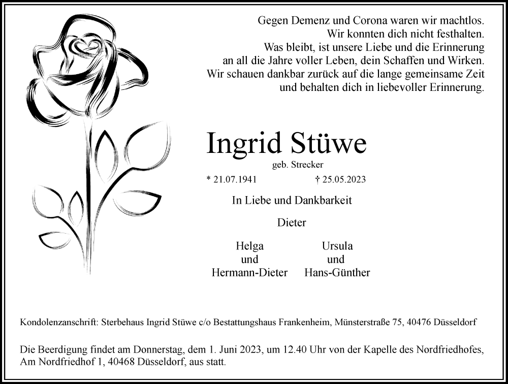 Traueranzeige für Ingrid Stüwe vom 27.05.2023 aus Rheinische Post