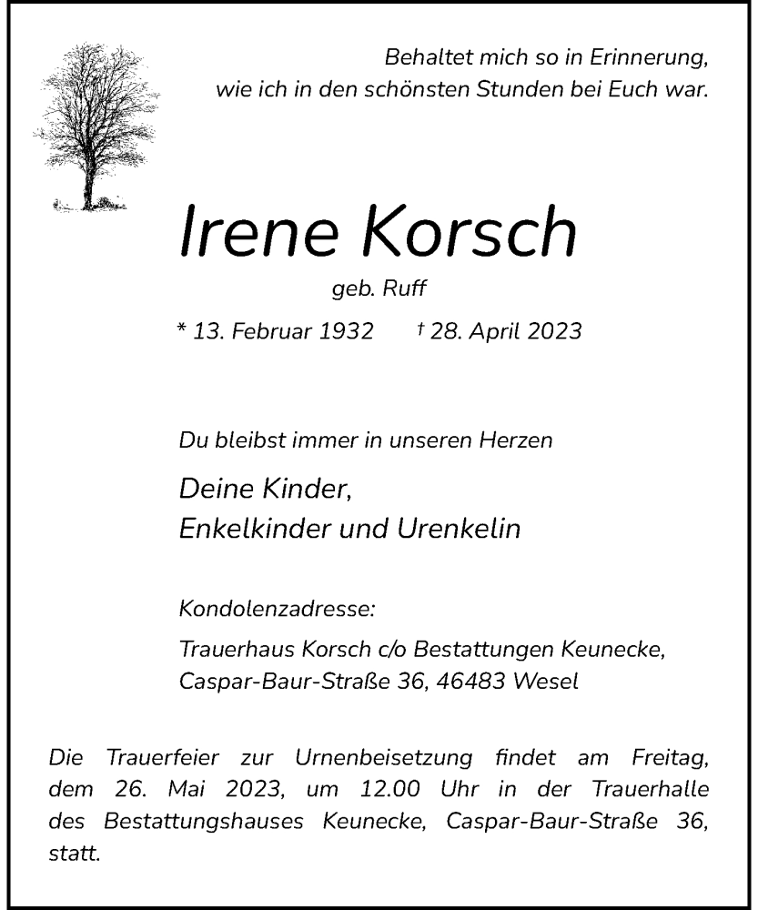  Traueranzeige für Irene Korsch vom 13.05.2023 aus Rheinische Post