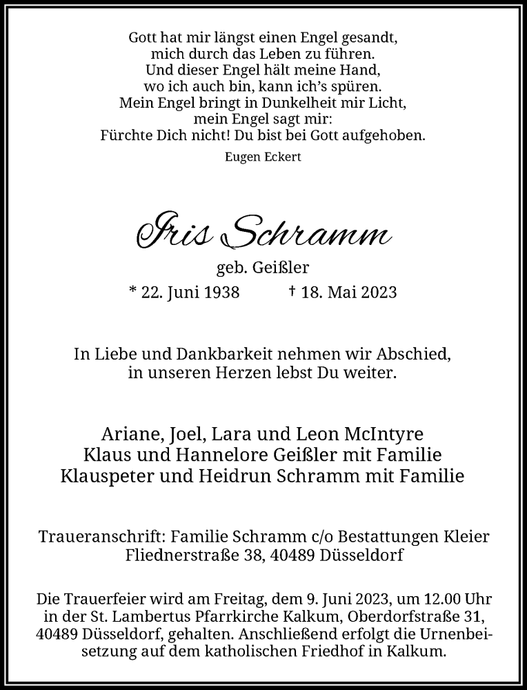  Traueranzeige für Iris Schramm vom 27.05.2023 aus Rheinische Post