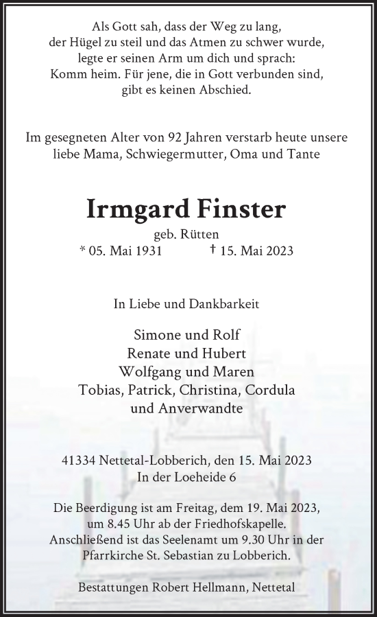 Traueranzeige von Irmgard Finster von Rheinische Post