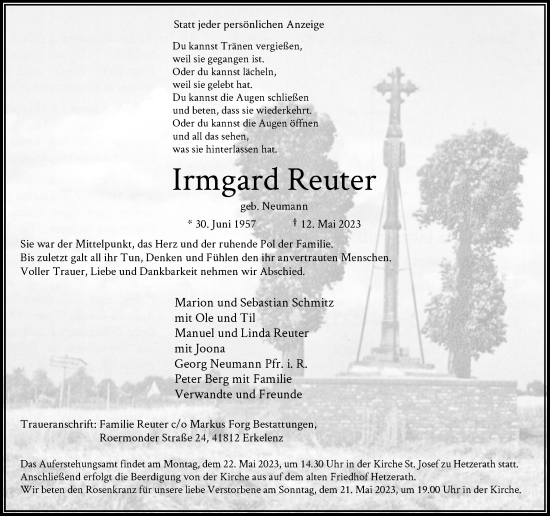 Traueranzeige von Irmgard Reuter von Rheinische Post
