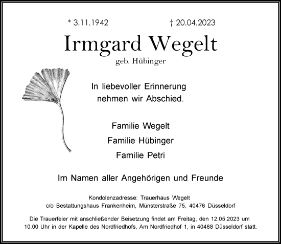 Traueranzeige von Irmgard Wegelt von Rheinische Post