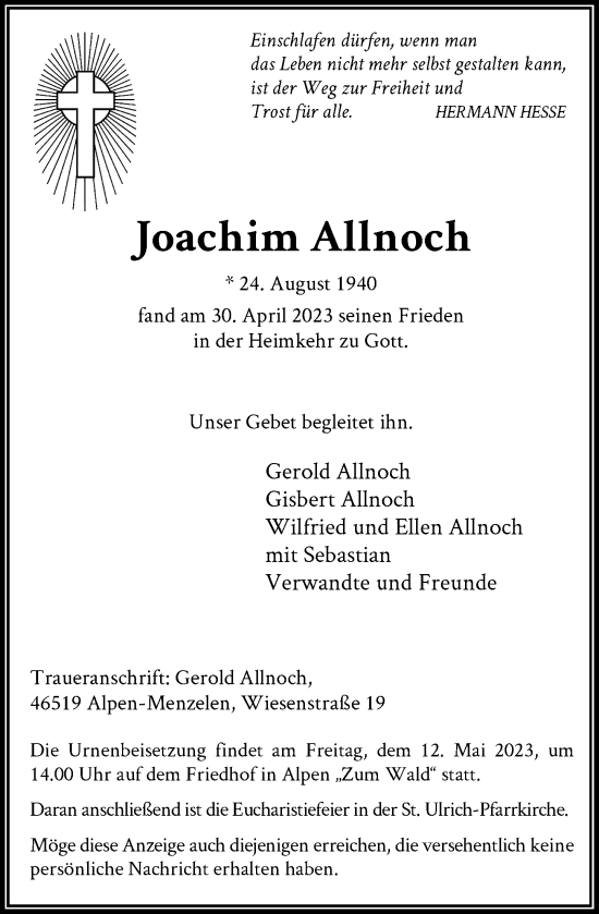 Traueranzeige von Joachim Allnoch von Rheinische Post