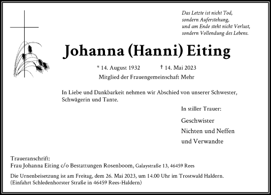 Traueranzeige von Johanna Eiting von Rheinische Post