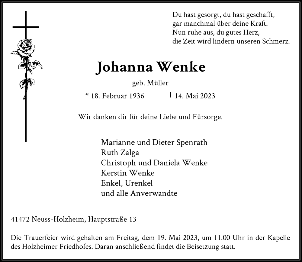  Traueranzeige für Johanna Wenke vom 17.05.2023 aus Rheinische Post