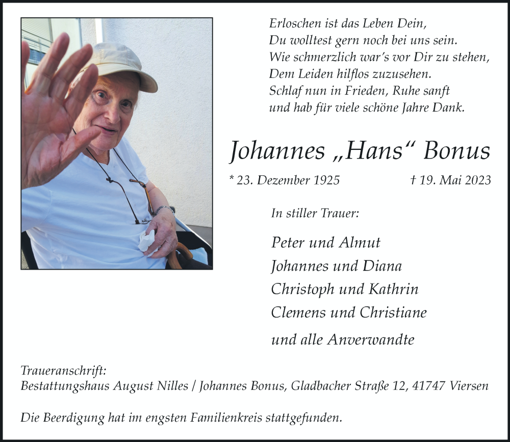  Traueranzeige für Johannes Bonus vom 27.05.2023 aus Rheinische Post