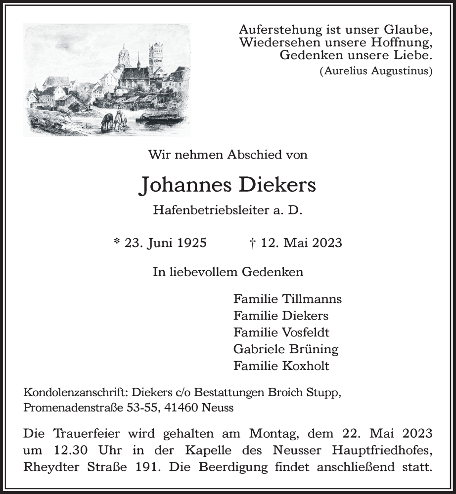  Traueranzeige für Johannes Diekers vom 20.05.2023 aus Rheinische Post