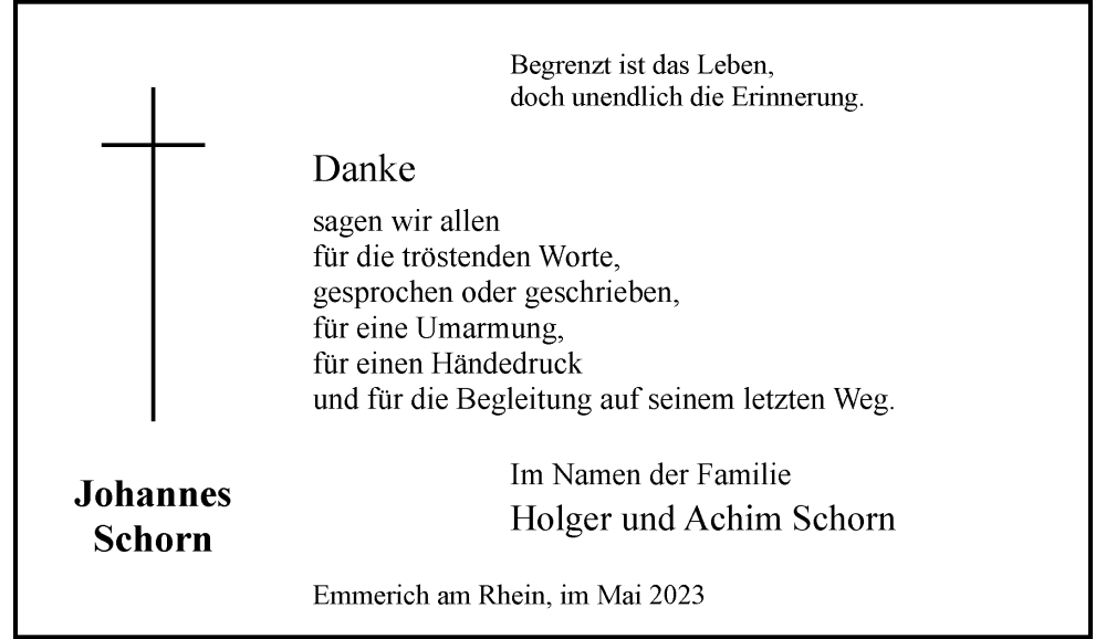  Traueranzeige für Johannes Schorn vom 27.05.2023 aus Rheinische Post