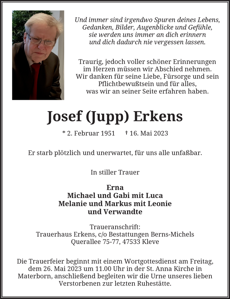  Traueranzeige für Josef Erkens vom 20.05.2023 aus Rheinische Post
