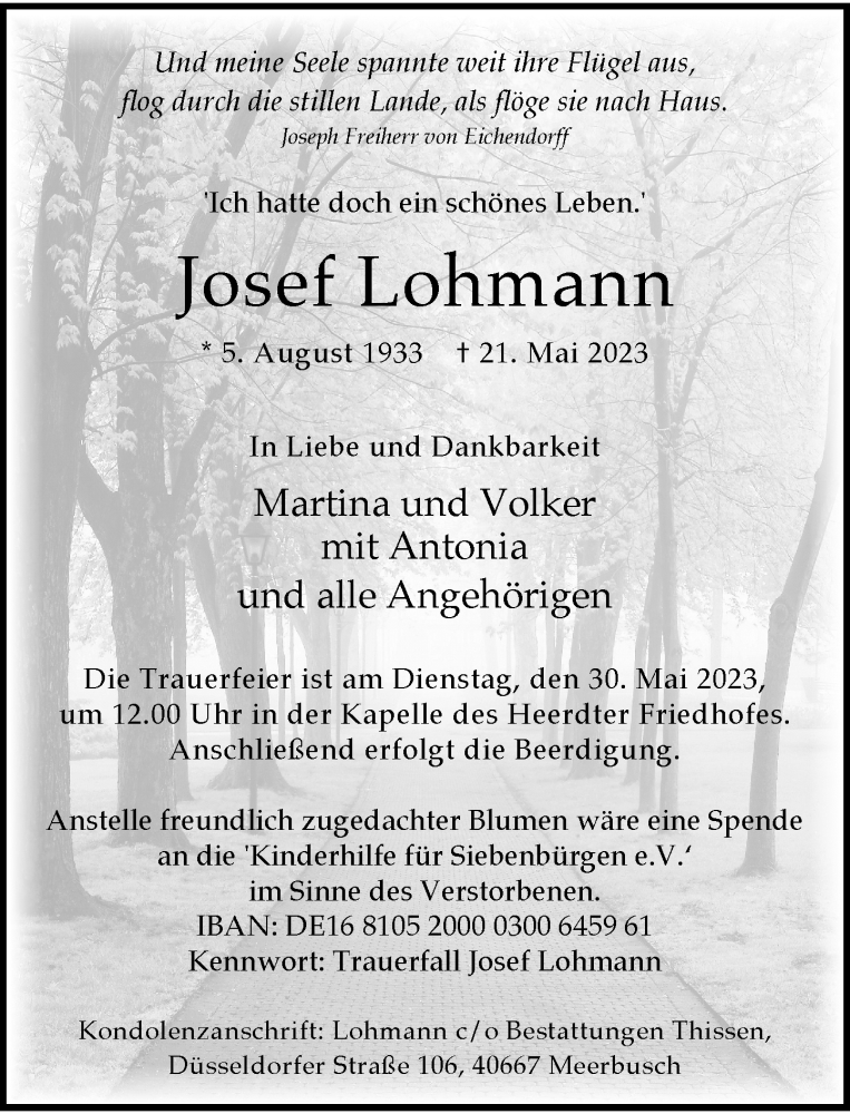  Traueranzeige für Josef Lohmann vom 25.05.2023 aus Rheinische Post