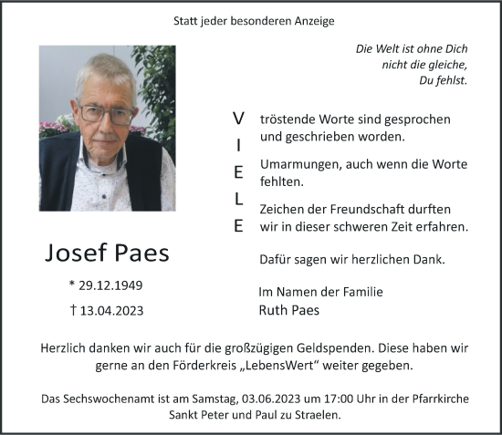 Traueranzeige von Josef Paes von Rheinische Post