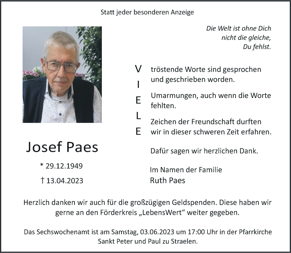  Traueranzeige für Josef Paes vom 27.05.2023 aus Rheinische Post