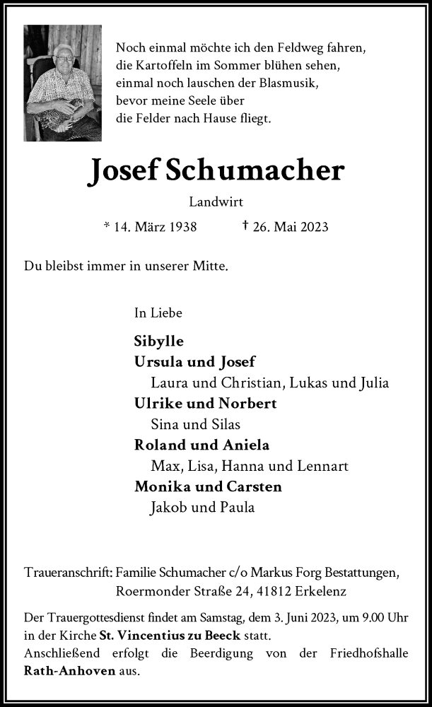  Traueranzeige für Josef Schumacher vom 31.05.2023 aus Rheinische Post