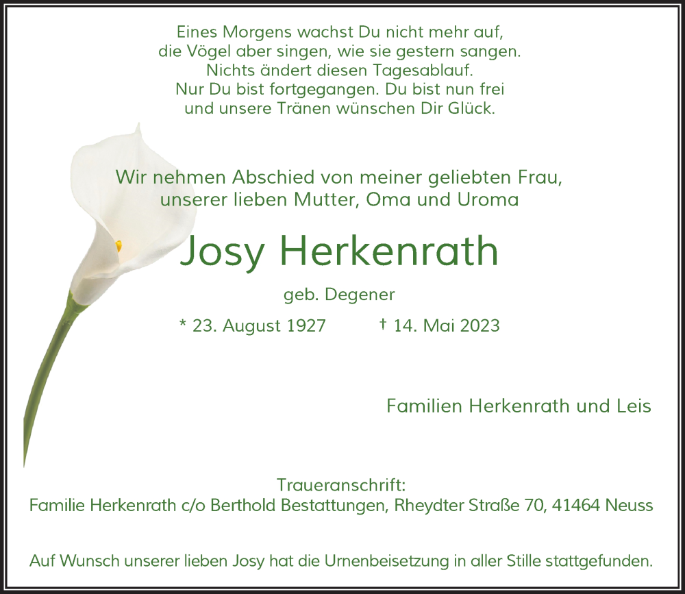  Traueranzeige für Josy Herkenrath vom 27.05.2023 aus Rheinische Post