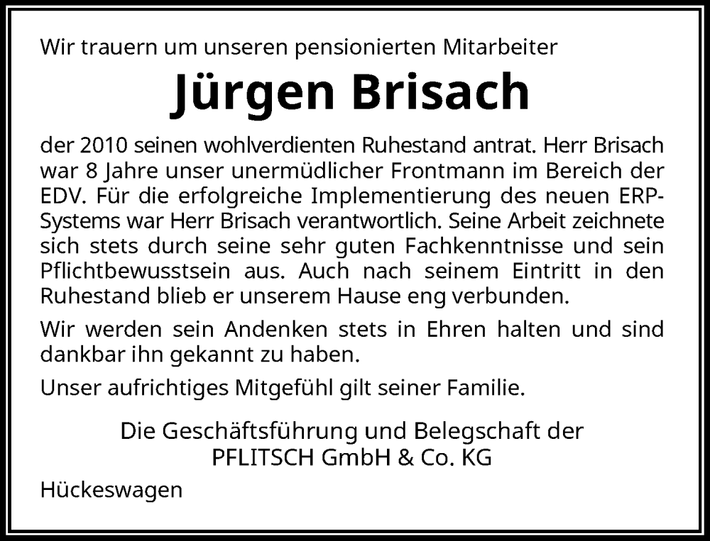  Traueranzeige für Jürgen Brisach vom 27.05.2023 aus Rheinische Post