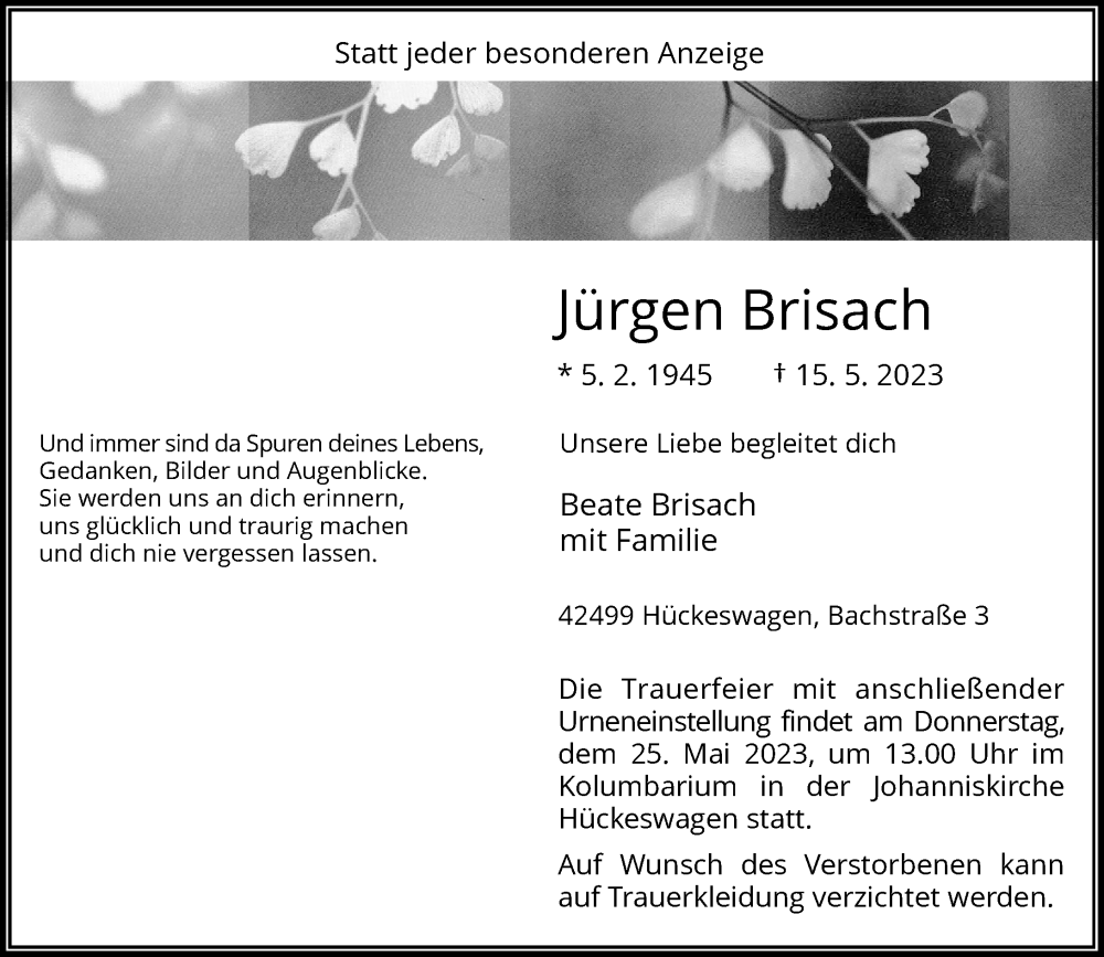  Traueranzeige für Jürgen Brisach vom 20.05.2023 aus Rheinische Post
