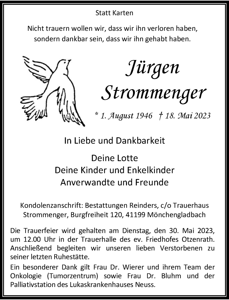  Traueranzeige für Jürgen Strommenger vom 27.05.2023 aus Rheinische Post