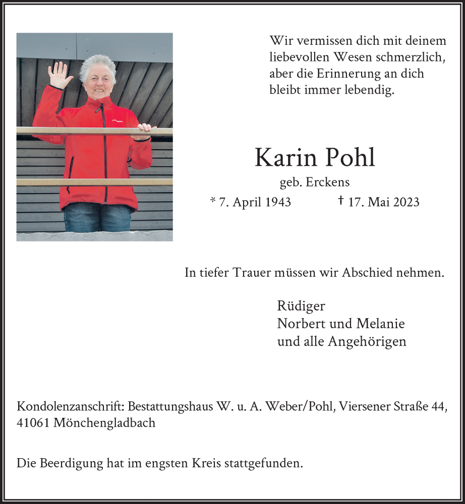  Traueranzeige für Karin Pohl vom 03.06.2023 aus Rheinische Post