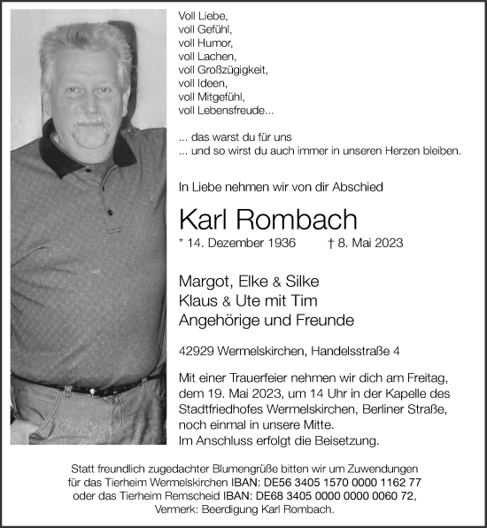 Traueranzeige von Karl Rombach von Rheinische Post