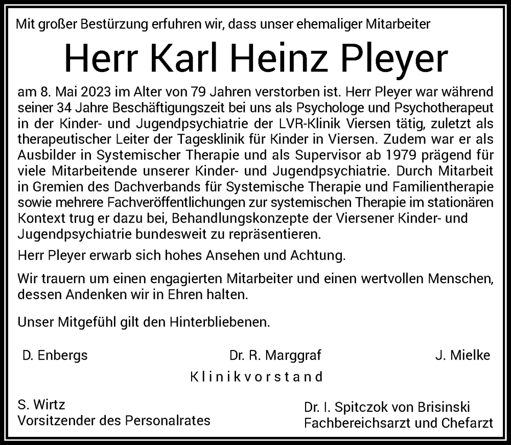  Traueranzeige für Karl Heinz Pleyer vom 27.05.2023 aus Rheinische Post
