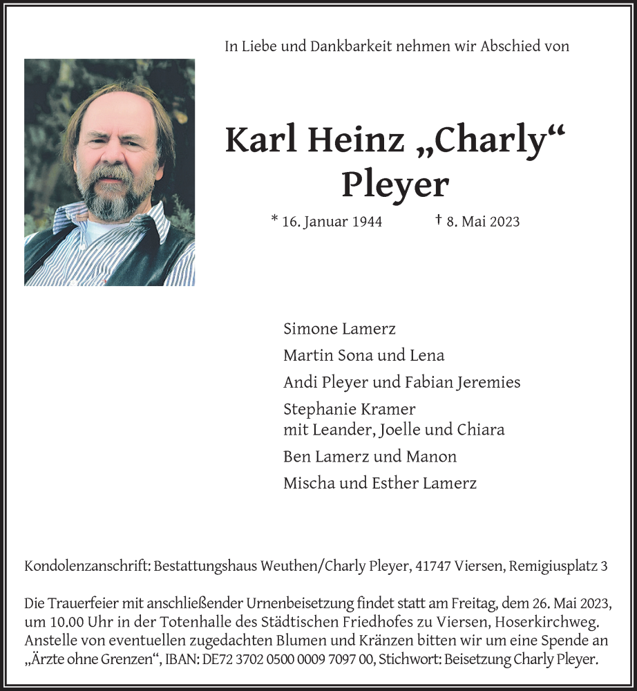  Traueranzeige für Karl Heinz Pleyer vom 20.05.2023 aus Rheinische Post