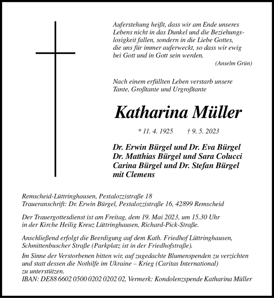  Traueranzeige für Katharina Müller vom 13.05.2023 aus Rheinische Post