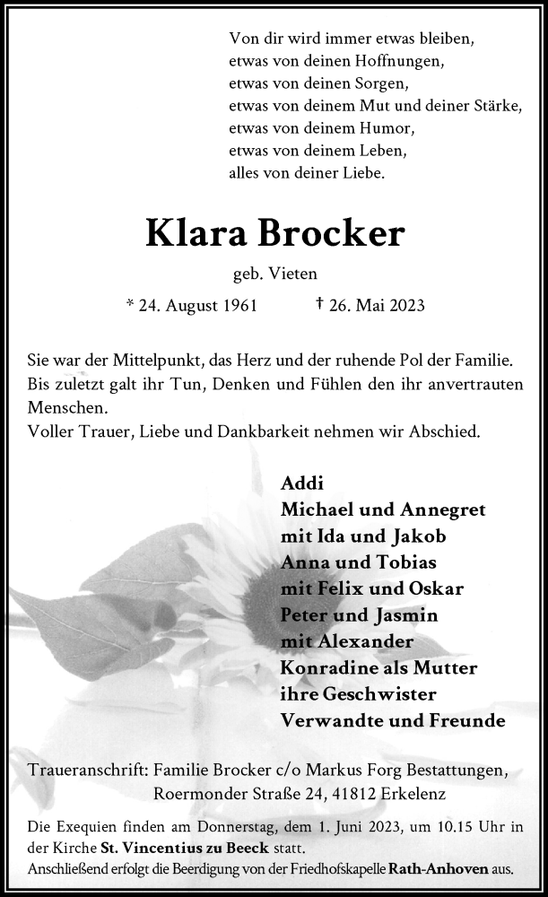  Traueranzeige für Klara Brocker vom 31.05.2023 aus Rheinische Post