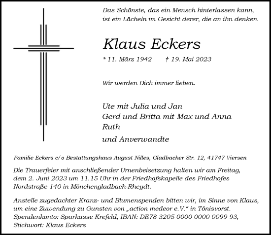 Traueranzeige von Klaus Eckers von Rheinische Post