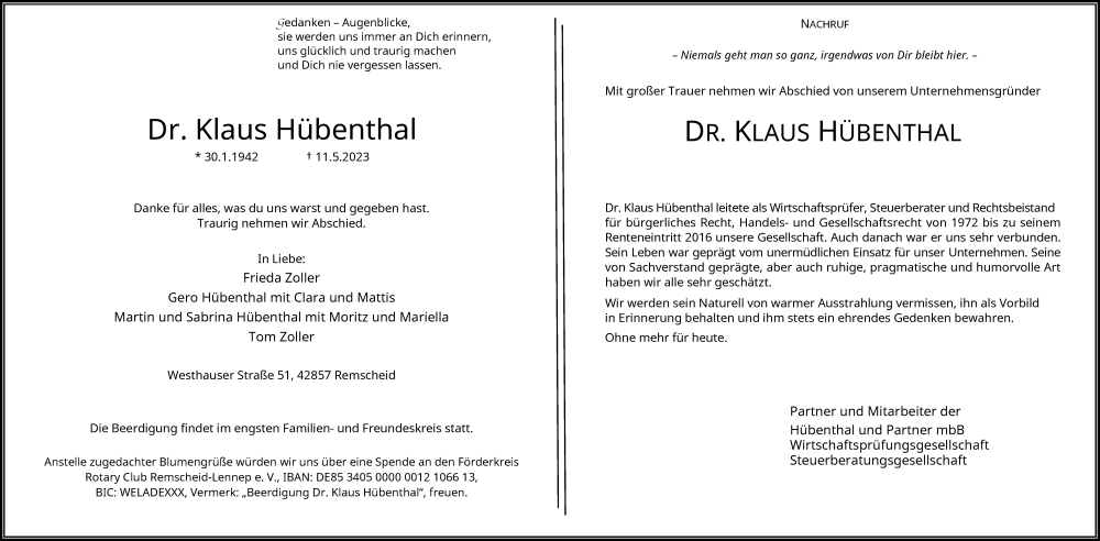  Traueranzeige für Klaus Hübenthal vom 20.05.2023 aus Rheinische Post