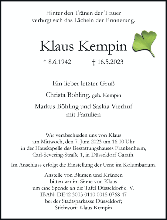 Traueranzeige von Klaus Kempin von Rheinische Post