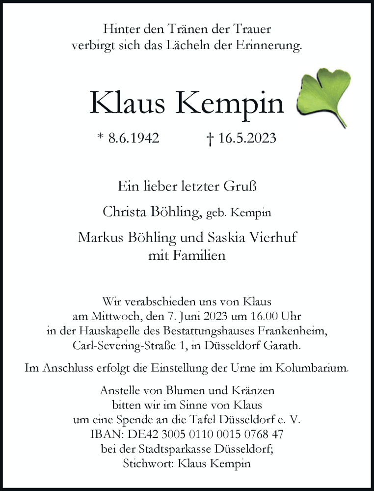  Traueranzeige für Klaus Kempin vom 27.05.2023 aus Rheinische Post