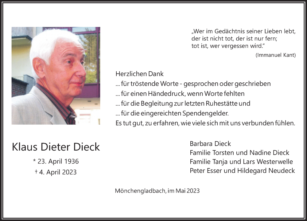  Traueranzeige für Klaus Dieter Dieck vom 13.05.2023 aus Rheinische Post