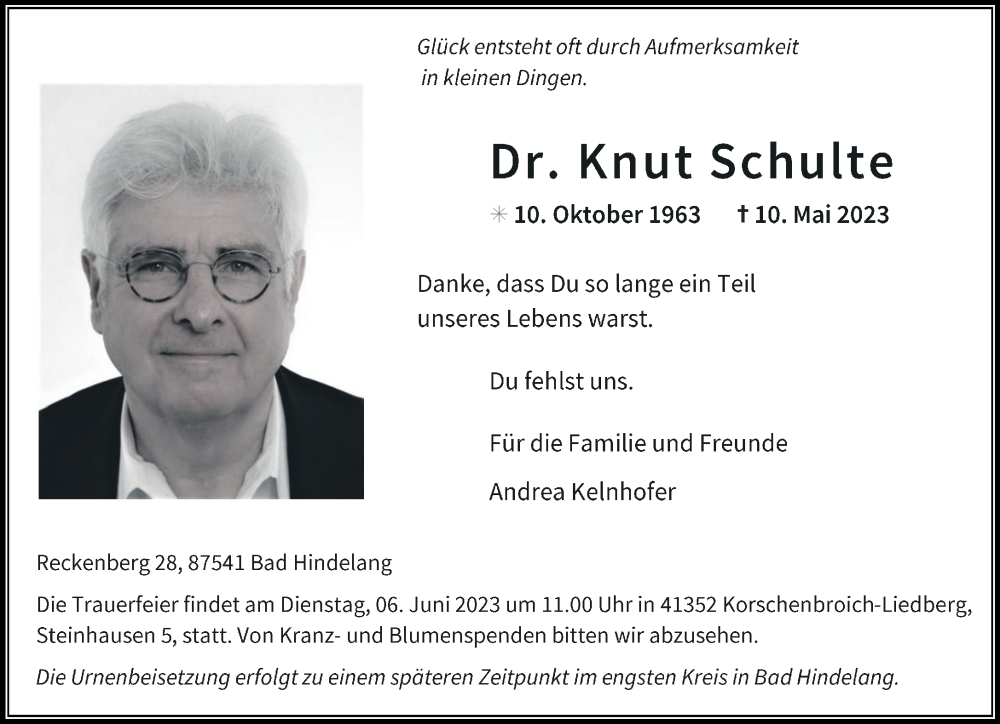  Traueranzeige für Knut Schulte vom 25.05.2023 aus Rheinische Post