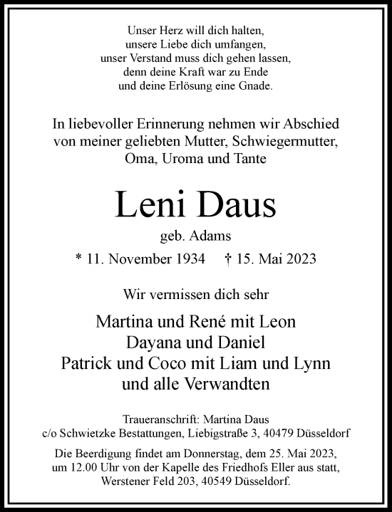 Traueranzeige von Leni Daus von Rheinische Post