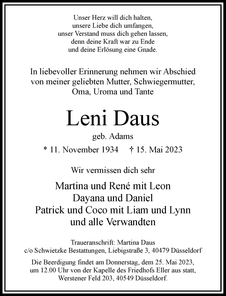  Traueranzeige für Leni Daus vom 20.05.2023 aus Rheinische Post