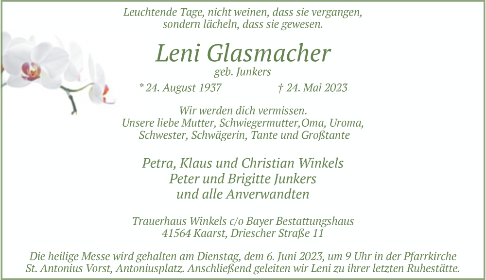  Traueranzeige für Leni Glasmacher vom 27.05.2023 aus Rheinische Post
