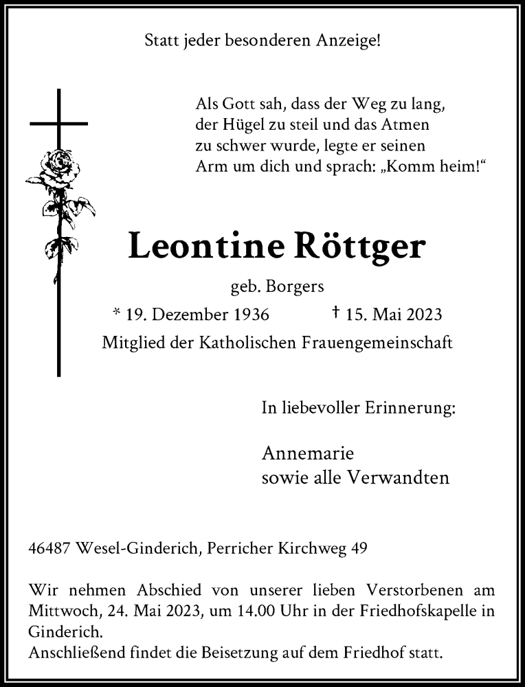  Traueranzeige für Leontine Röttger vom 20.05.2023 aus Rheinische Post