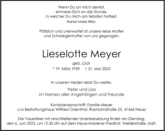 Traueranzeige von Lieselotte Meyer von Rheinische Post